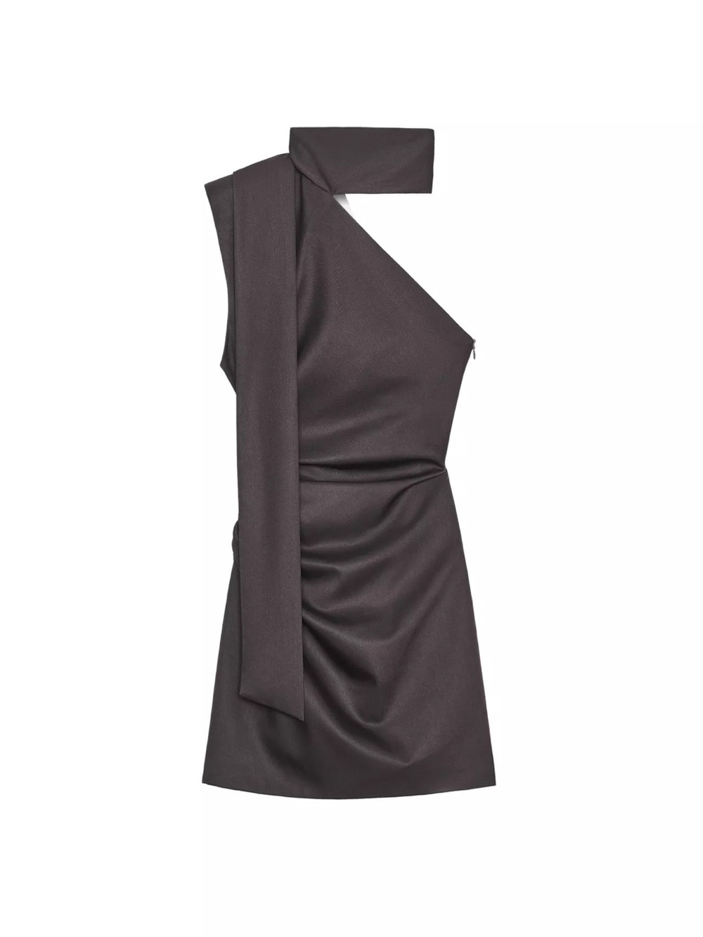 Zara One-Shoulder Charcoal Asymmetric Mini Dress with Sash
